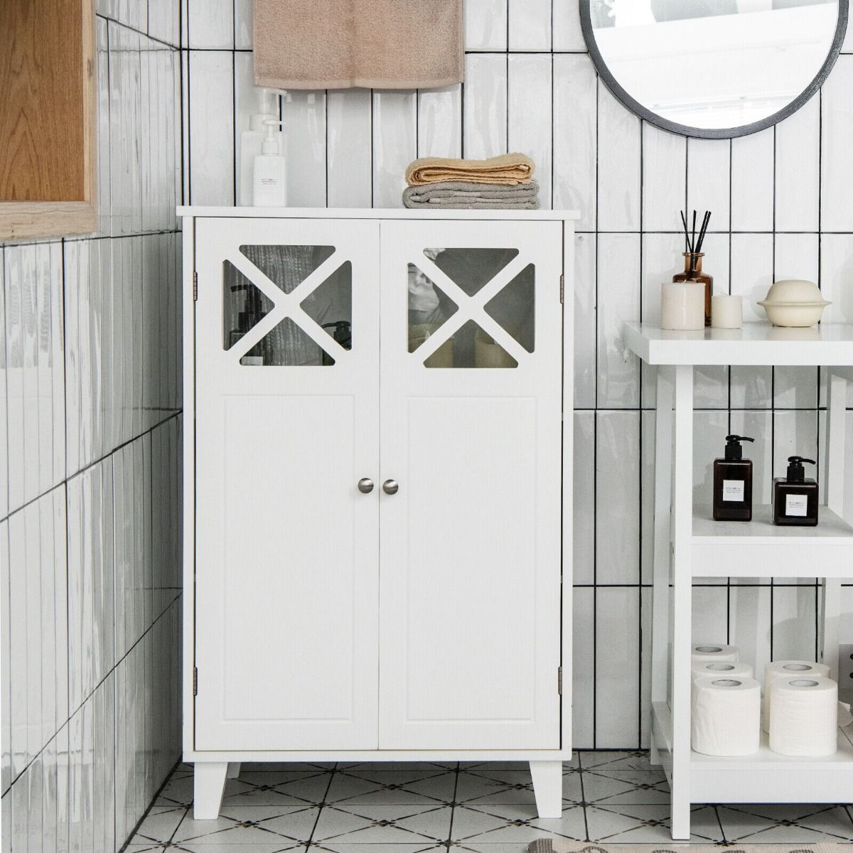Wooden Bathroom Floor Storage Cabinet with Double Doors and Adjustable Shelf